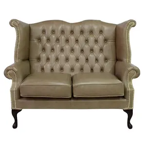 Chesterfield 2 Seater High Back Wing Sofa Old English Parchment Leather In Queen Anne Style