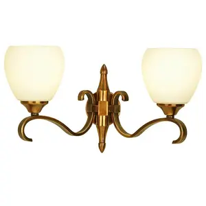 Luxury Traditional Twin Arm Wall Light Antique Brass Opal Glass Shade Dimmable