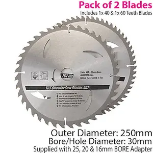 QTY 2 250mm x 30mm TCT Circular Saw Blades 40T 60T 25mm 20mm 16mm Rings