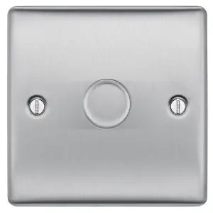 BG Raised slim Silver Steel effect 1 gang profile Single 200W Dimmer switch