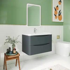 Wall Hung 2 Drawer Vanity Basin Unit with Polymarble Basin, 800mm - Soft Black