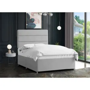 Harmony Divan Bed Set with Tall Headboard and Mattress - Plush Fabric, Silver Color, 2 Drawers Right Side