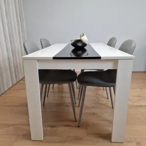 Wooden White Black Dining Table with 4 Grey Stitched Leather Chairs Set