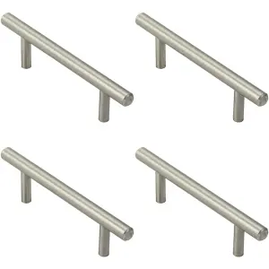 4x Mini Round T Bar Pull Handle 100 x 8mm 64mm Fixing Centres Satin Nickel