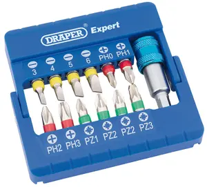 Draper Coloured Screwdriver Bit Set With Magnetic Holder 13 piece 82401