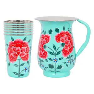 BillyCan Hand-Painted Picnic Water Jug with 400ml Cups - 1.7L - Mint Peony