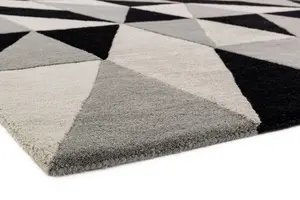 Grey Luxurious Modern Wool Chequered Geometric Handmade Rug For Living Room Bedroom & Dining Room-120cm X 170cm