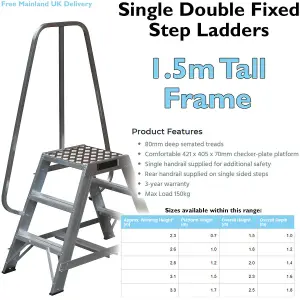 0.7m Heavy Duty Double Sided Fixed Step Ladders Safety Handrail & Wide Platform