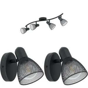 Quad Ceiling Spot Light & 2x Matching Wall Lights Black Mesh Adjusatble Head