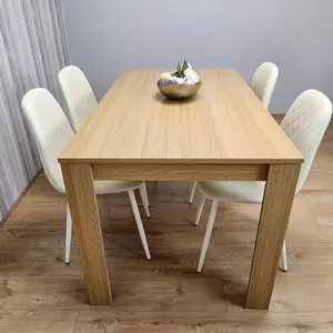 Wooden Dining Table with 4 Cream Gem Patterned Chairs Rusteic Effect Table with Cream Chairs