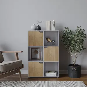 URBNLIVING 6 Cube Grey Wooden Bookcase Shelving Display Shelves Storage Unit Wood Shelf Oak Door