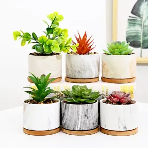 simpa 6PC Mixed Colour Pattern Ceramic Plant Pots with Bamboo Base