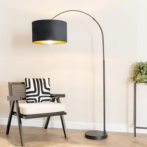 ValueLights Louis Black Arched Floor Lamp with Black Velvet Drum Metallic Gold Inner Shade and LED Bulb