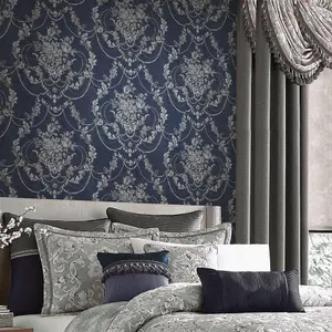 Debona Perla Damask Wallpaper Textured Vinyl Metallic Glitter Navy Blue 9086