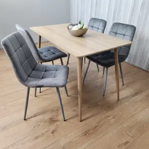 Rectangle Oak Effect Kitchen Dining Table With 4 Grey Velvet Tufted Chairs Dining Set