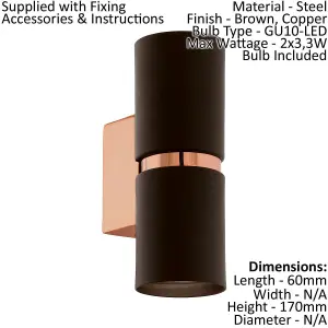 2 PACK Wall Light Colour Copper Coloured Steel Brown Round Shade GU10 2x3.3W