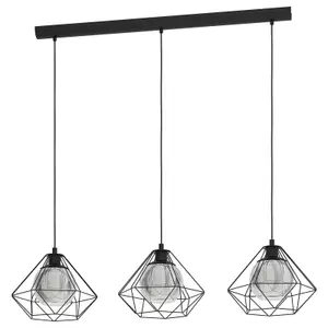 Hanging Ceiling Pendant Light Geometric Black & Glass 3x E27 Kitchen Island