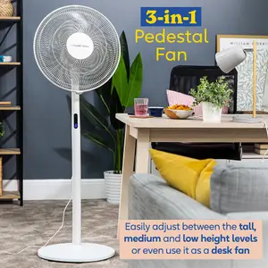 Russell Hobbs Pedestal Fan 3 in 1 White Electric Cooling with Remote RHMPF3IN1