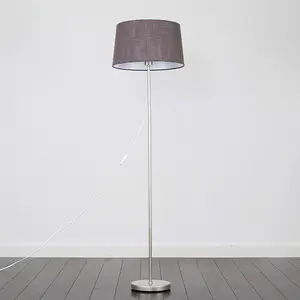 ValueLights Modern Floor Lamp In Brushed Chrome Metal Finish With Dark Grey Faux Linen  Shade