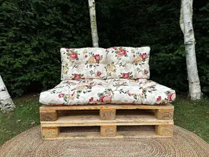 Garden Outdoor Pallet Cushion Set EURO Sofa Floral Cream Tufted Seat Back Pads