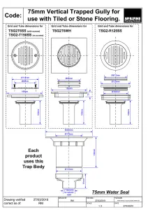 McAlpine TSG2-R125SS 75mm Water Seal Trapped Gully, Tile/Grating with removable Grid, 110mm Vertical Outlet and 110mm x 2" Reducer