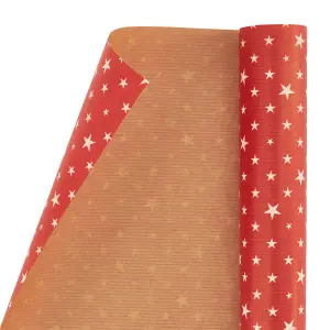 Festive Kraft Wrapping Paper with Red and Natural Star Designs - 4 Pack