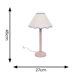 ValueLights Bobbles Rose Pink Bobbin Table Lamp with Blue Trim Scallop Shade