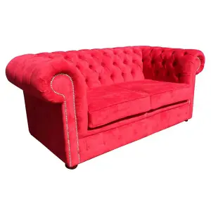 Chesterfield 2 Seater Sofa Settee Azzuro Post Box Red Real Velvet Fabric In Classic Style