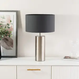 ValueLights Lexy Brushed Chrome Touch Table Lamp with Charcoal Grey Drum Shade