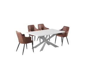 5PCs Zarah Duke Dining Table Set w/ a White Dining Table & 4 Brown Faux Leather Dining Chairs for Dining Room