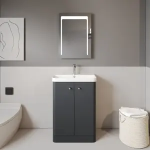 Floor Standing 2 Door Bathroom Vanity Unit with Ceramic Basin - 600mm - Soft Black