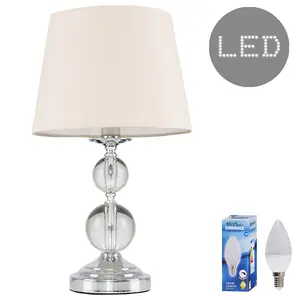 ValueLights Gatto Chrome & Acrylic Ball Touch Table Lamp with Beige Tapered Light Shade - with 5w LED Dimmable Candle Bulb