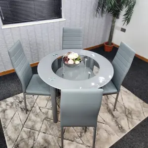 Round Glass Grey Kitchen Dining Table With Storage Shelf And 4 Grey Metal Chairs Set