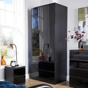 Home Source Lugano Black 2 Door 2 Drawer Wardrobe High Gloss Door & Drawer Fronts