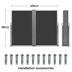 Grey Outdoor Garden Retractable Sun Protection Privacy Side Awning Double Sided 600 x 180 cm