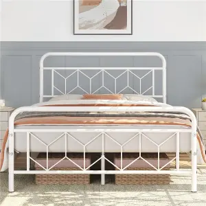 Yaheetech White 4ft6 Double Metal Bed Frame with Diamond Pattern Headboard and Footboard