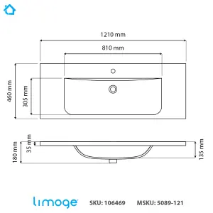 5089 Ceramic 120cm x 45cm Thin-Edge Inset Basin with Dipped Bowl