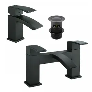 Matt Black Square Basin Sink Tap & Bath Filler Set