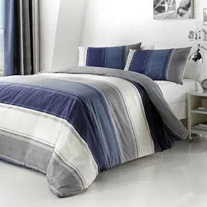 Polyester Striped Duvet Cover Set with Pillowcases Blue / Kingsize Duvet Cover