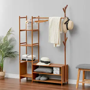 Bamboo Clothes Rail Clothing Hanging Stand Garment Rack with 2 Open Shoe Rack and 4 Shelves