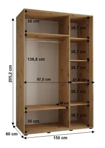 Rustic Oak Artisan Sliding Wardrobe W150cmH205cmD60cm - Stylish Storage with Natural Charm