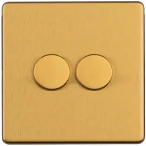 2 Gang Rotary Dimmer Switch 2 Way LED SCREWLESS SATIN BRASS Light Dimming Wall