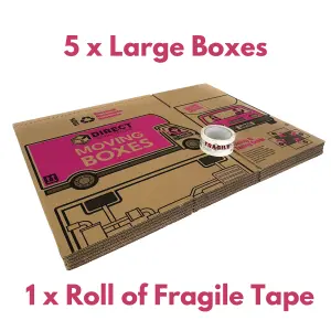 5 Strong Large Cardboard Storage Packing Moving House Boxes with Fragile Tape 52cm x 30cm x 30cm 47 Litres Carry Handles and Room