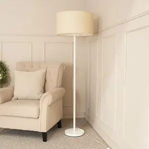 ValueLights Charles White Metal Single Stem Floor Lamp with Natural Drum Lamp Shade