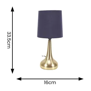 Pair - Brushed Gold Teardrop Touch Dimmer Table Lamps with Navy Blue Shade Bedside Light - LED Bulbs Included