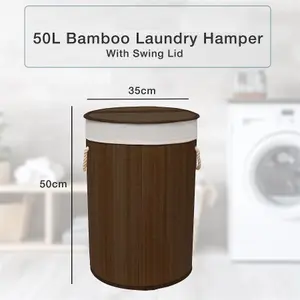 MantraRaj 50L Folding Bamboo Laundry Basket Bin Hamper Basket Clothes Storage Organizer With Lid (Dark Brown)