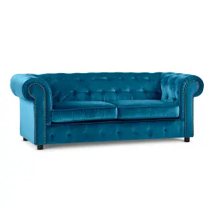 Ashbourne Chesterfield Large Indigo Blue Velvet Fabric 3 Seater Sofa Studded Design