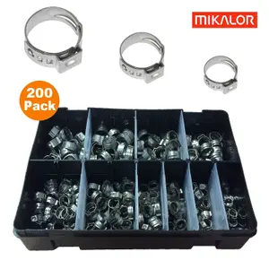 200 x Assorted Mikalor Single Ear Plus Stainless Steel Hydraulic Hose O Clips