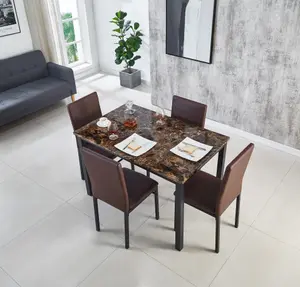 Emillia MDF Marble Effect Dining Table with 4 Faux Leather Chairs in Brown