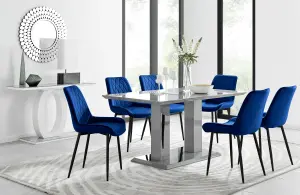 Imperia Grey High Gloss 6 Seater Dining Table with Structural 2 Plinth Column Legs 6 Navy Velvet Black Leg Pesaro Chairs